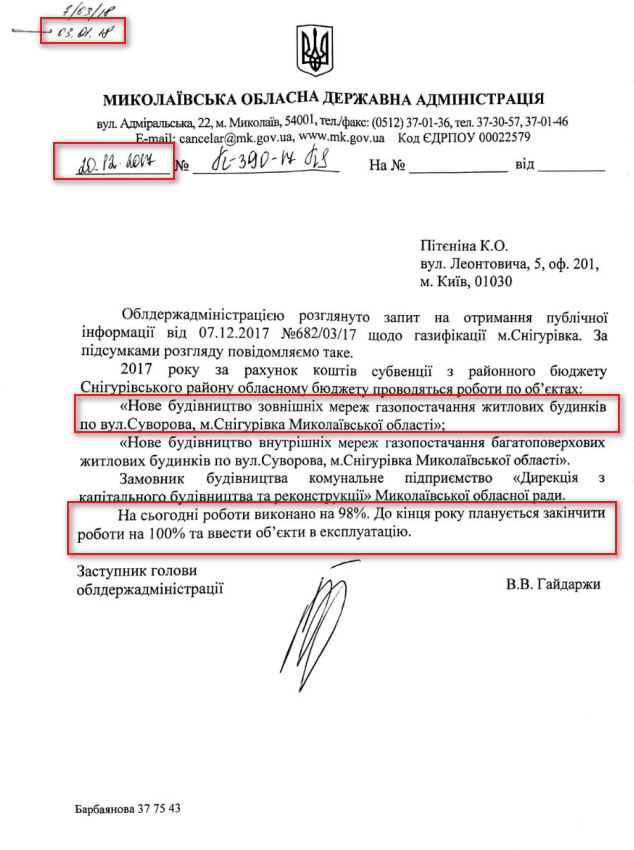 Лист Миколаївської обласної адміністрації від 20 грудня 2017 року