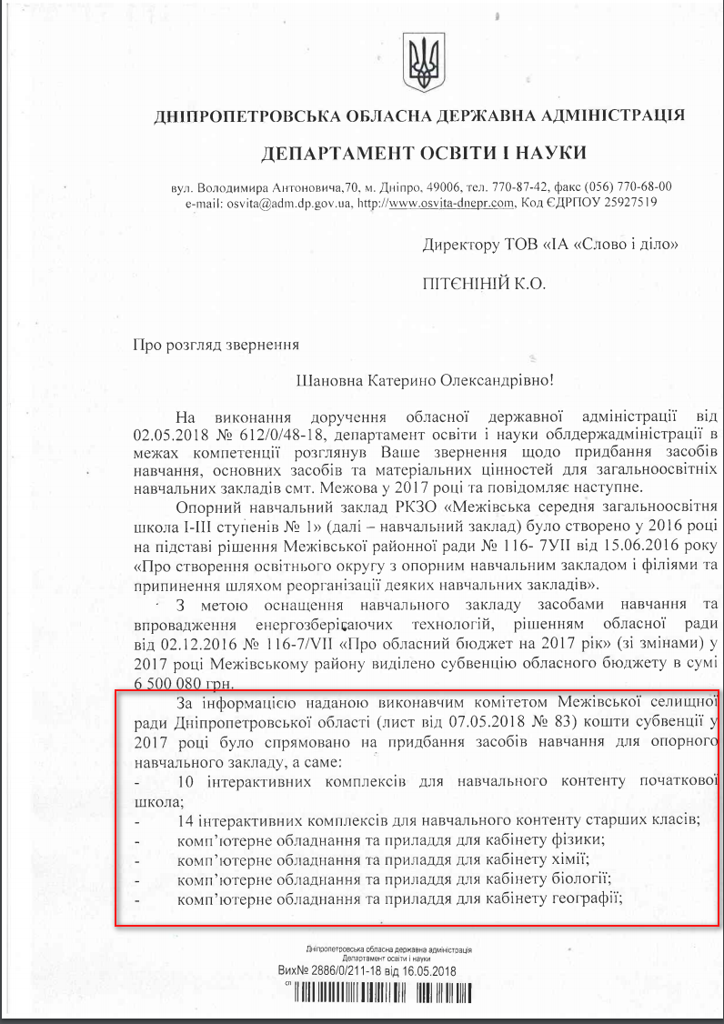 Лист Дніпропетровської обласної адміністрації від 16 травня 2018 року