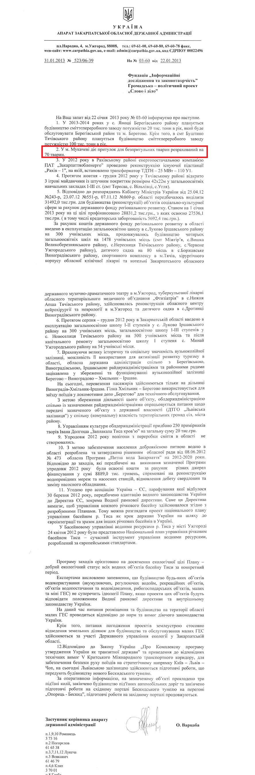 Лист заступника керівника апарату Закарпатської ОДА О.Варцаби