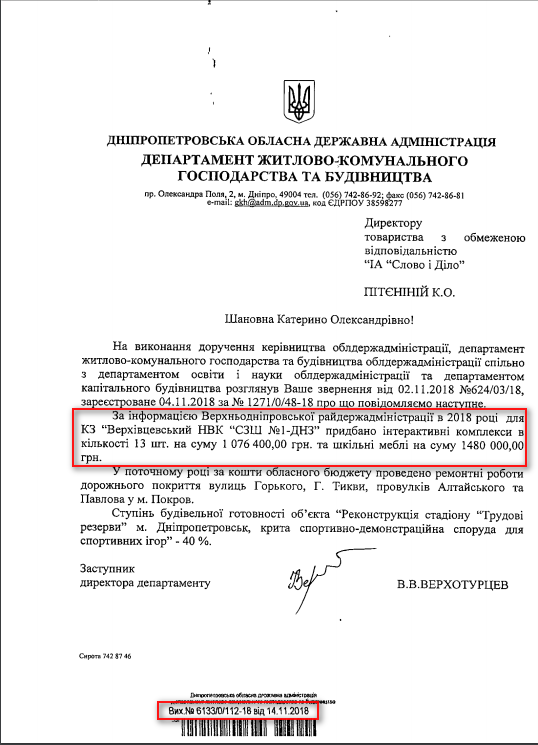 Лист Дніпропетровської ОДА від 11 листопада 2018 року