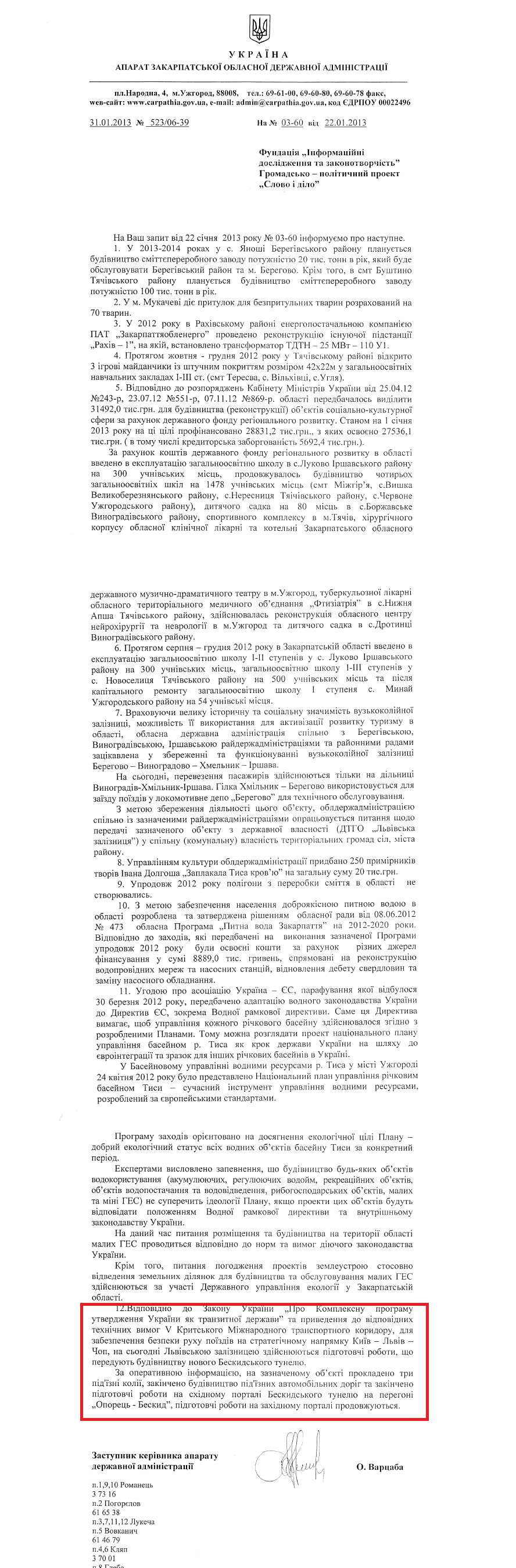 Лист заступника керівника апарату Закарпатської ОДА О.Варцаби