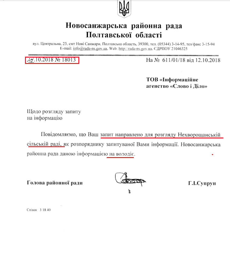 Лист Новосанжарської районної ради від 29 жовтня 2018 року