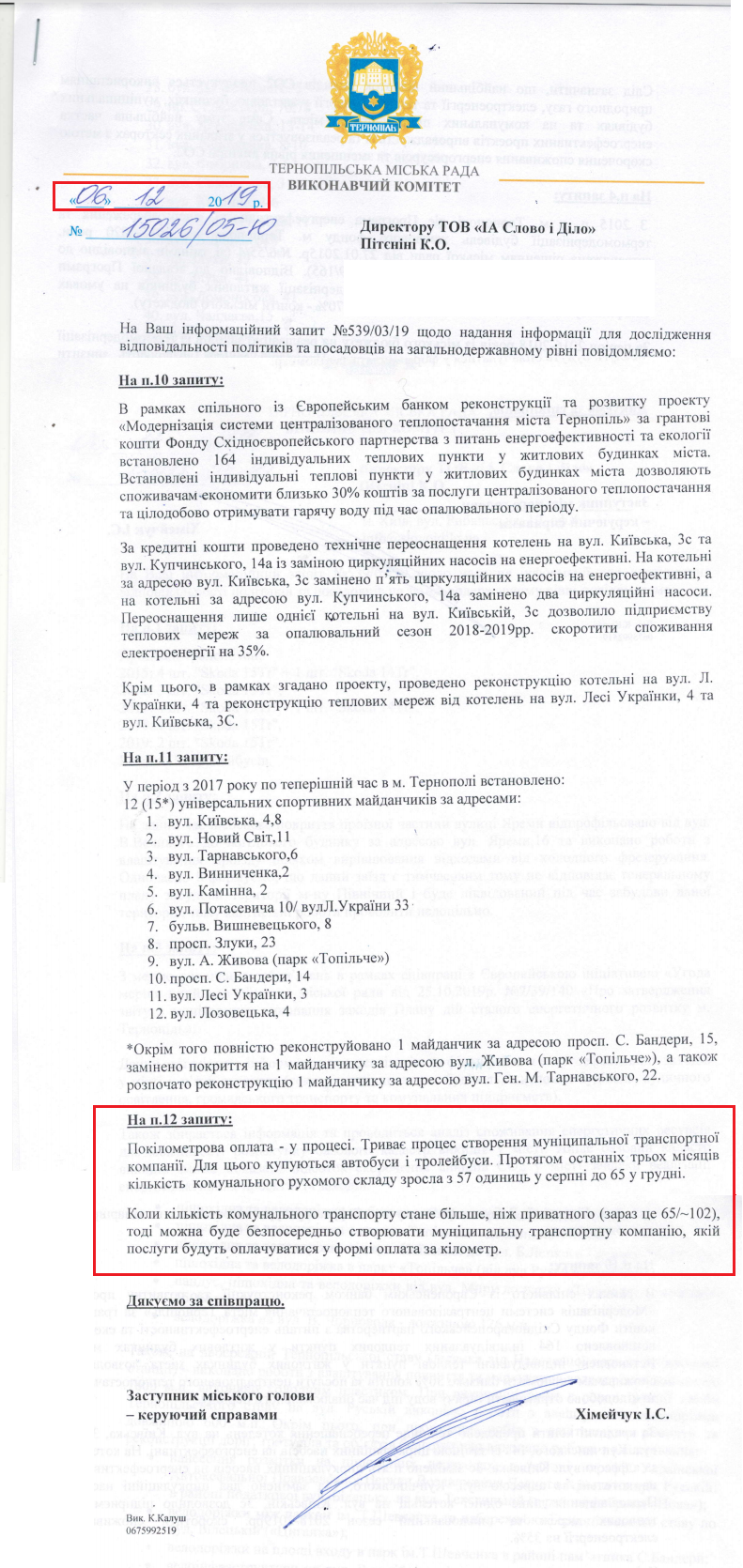 Лист Тернопільської міської ради від 6 грудня 2019 року