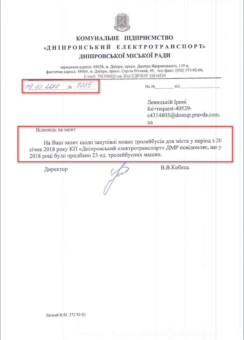 Лист Дніпровської міської ради від 19 жовтня 2018 року