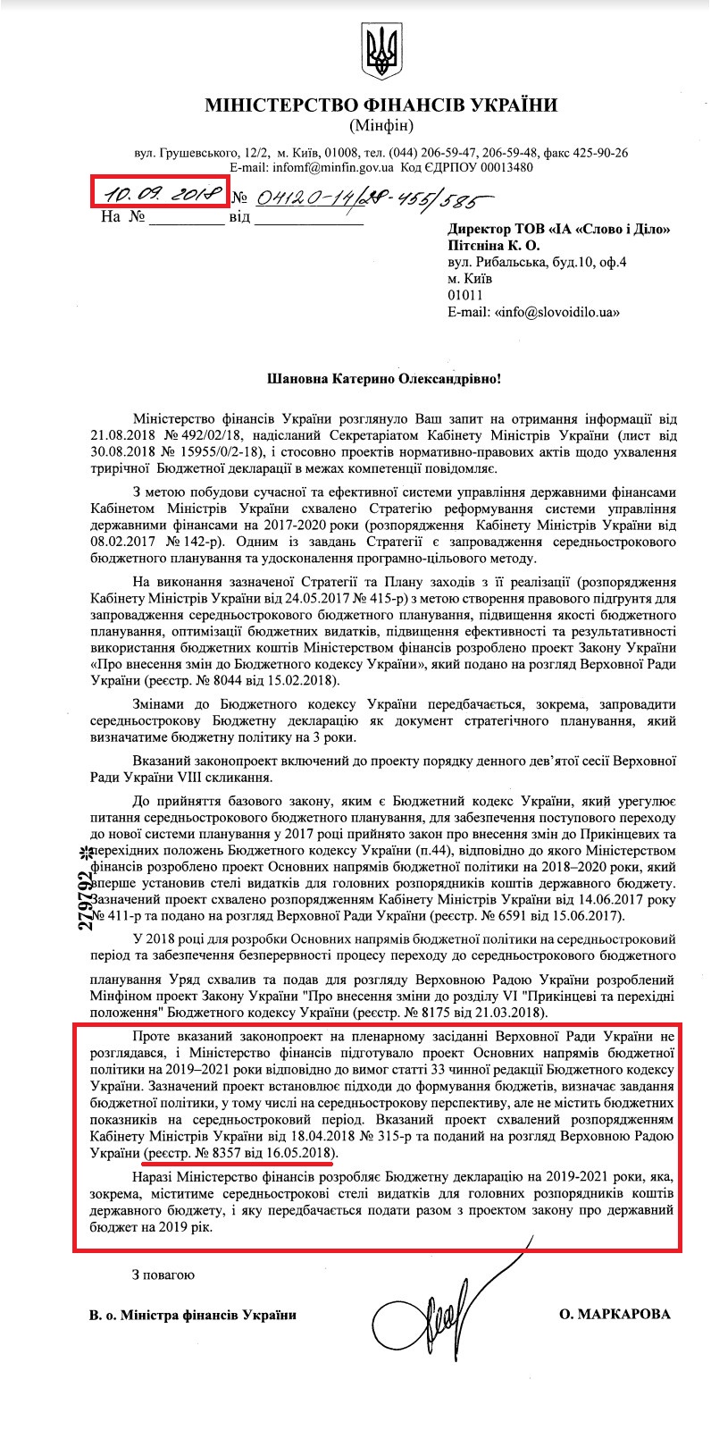 Лист Міністерства фінансів України