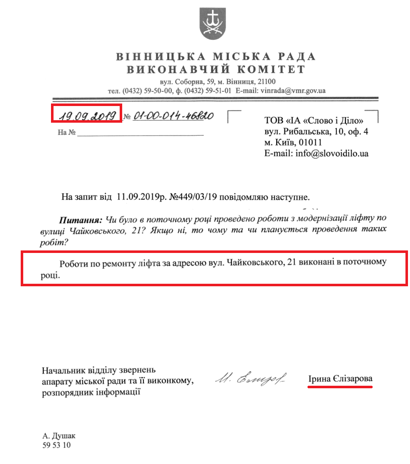Лист начальника відділу звернень апарату міської ради та її виконкому Ірини Єлізароваої