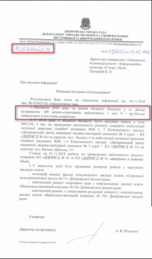 Лист Дніпровської міської ради від 10 січня 2019 року