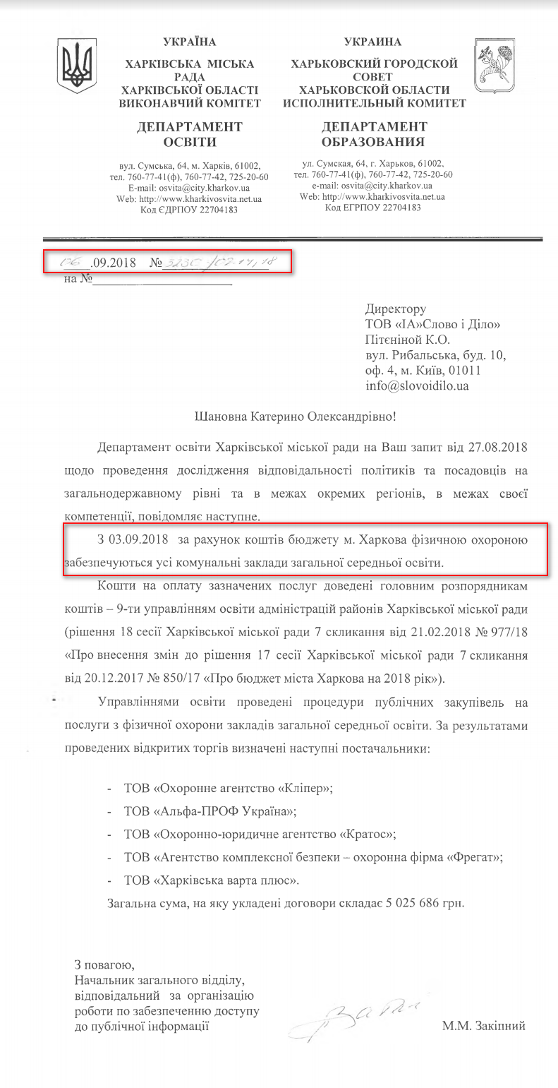 Лист Харківської міської ради від 6 вересня 2018 року