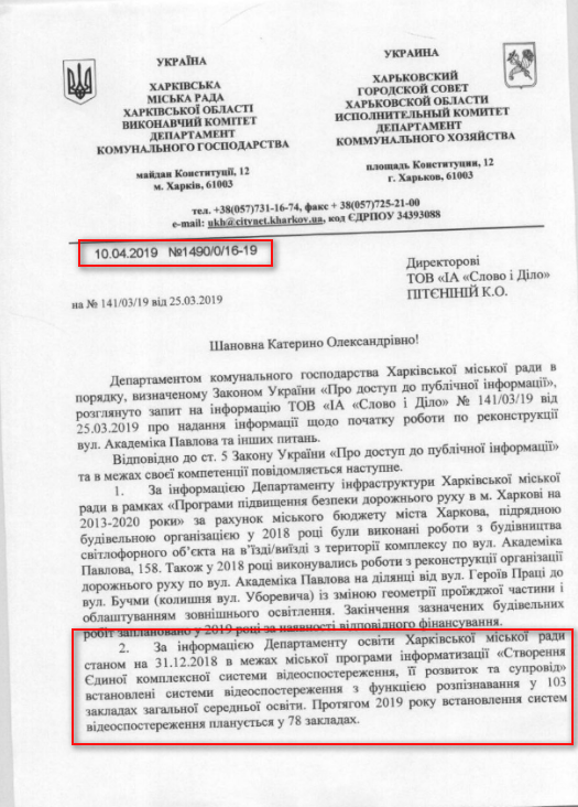 Лист Харківської міської ради від 10 квітня 2019 року