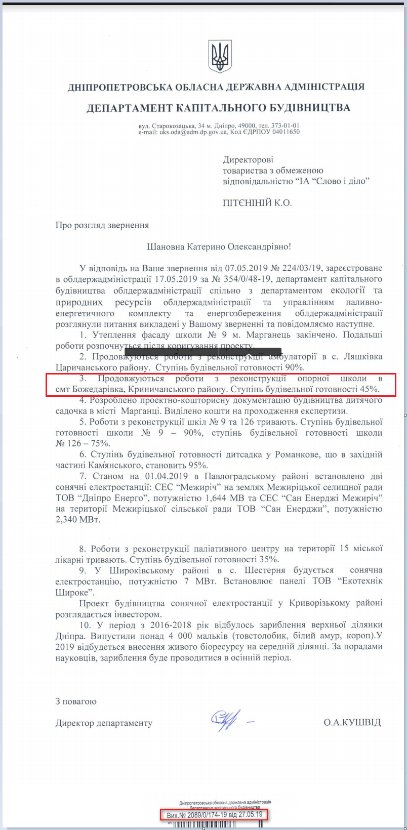Лист Дніпропетровської ОДА від 27 травня 2019 року