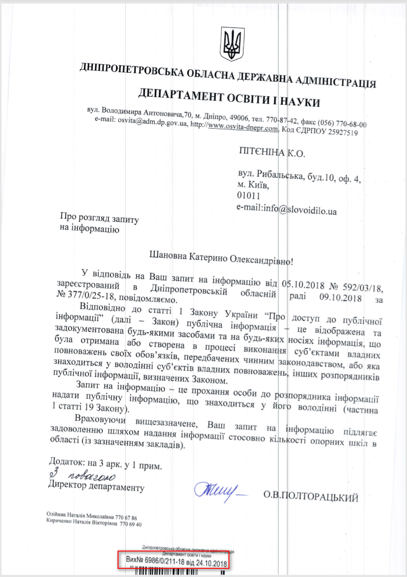 Лист Дніпропетровської ОДА від 24 жовтня 2018 року