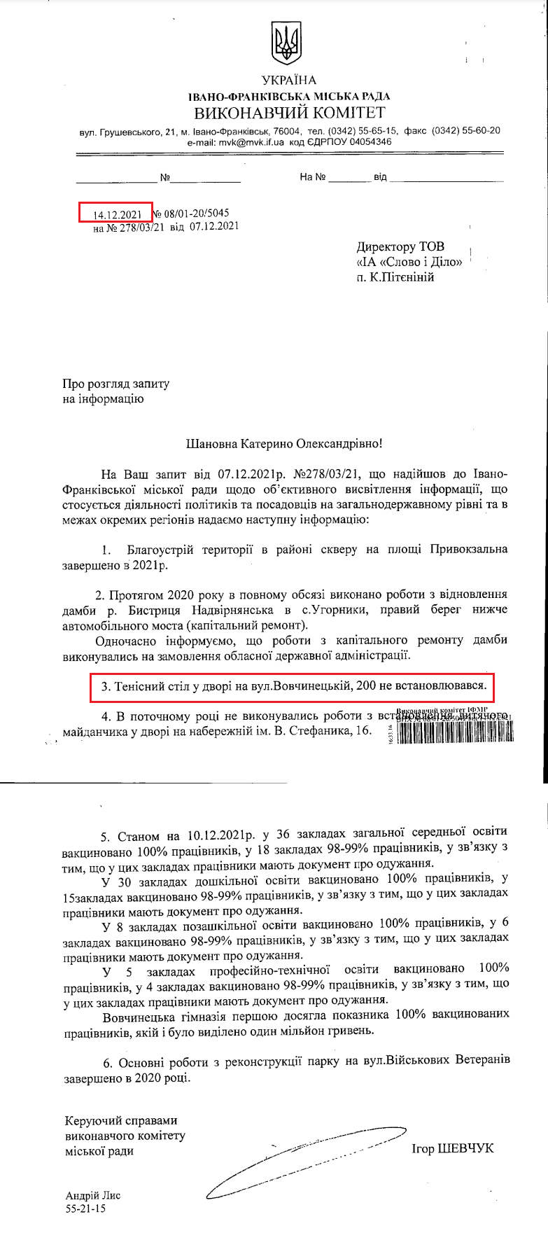 Лист Івано-Франківської міської ради від 14 грудня 2021 року