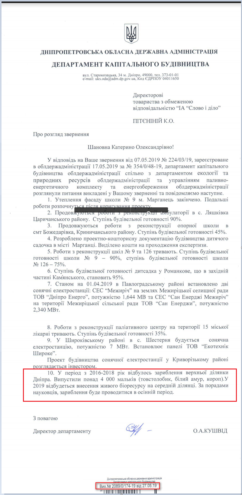 Лист Дніпропетровської ОДА від 27 травня 2019 року