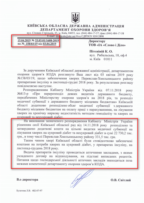 Лист Київської ОДА від 15 квітня 2019 року