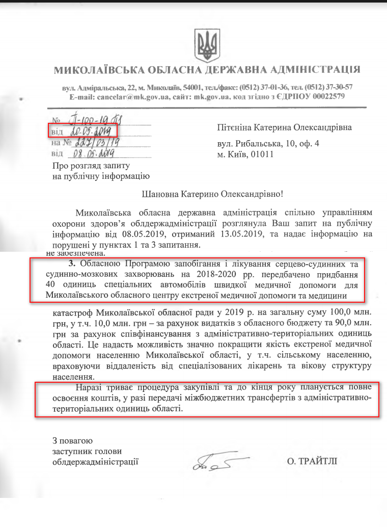 Лист Миколаївської ОДА від 20 травня 2019 року