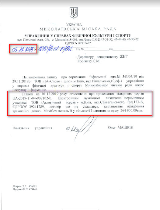 Лист Миколаївської МР від 1 грудня 2019 року
