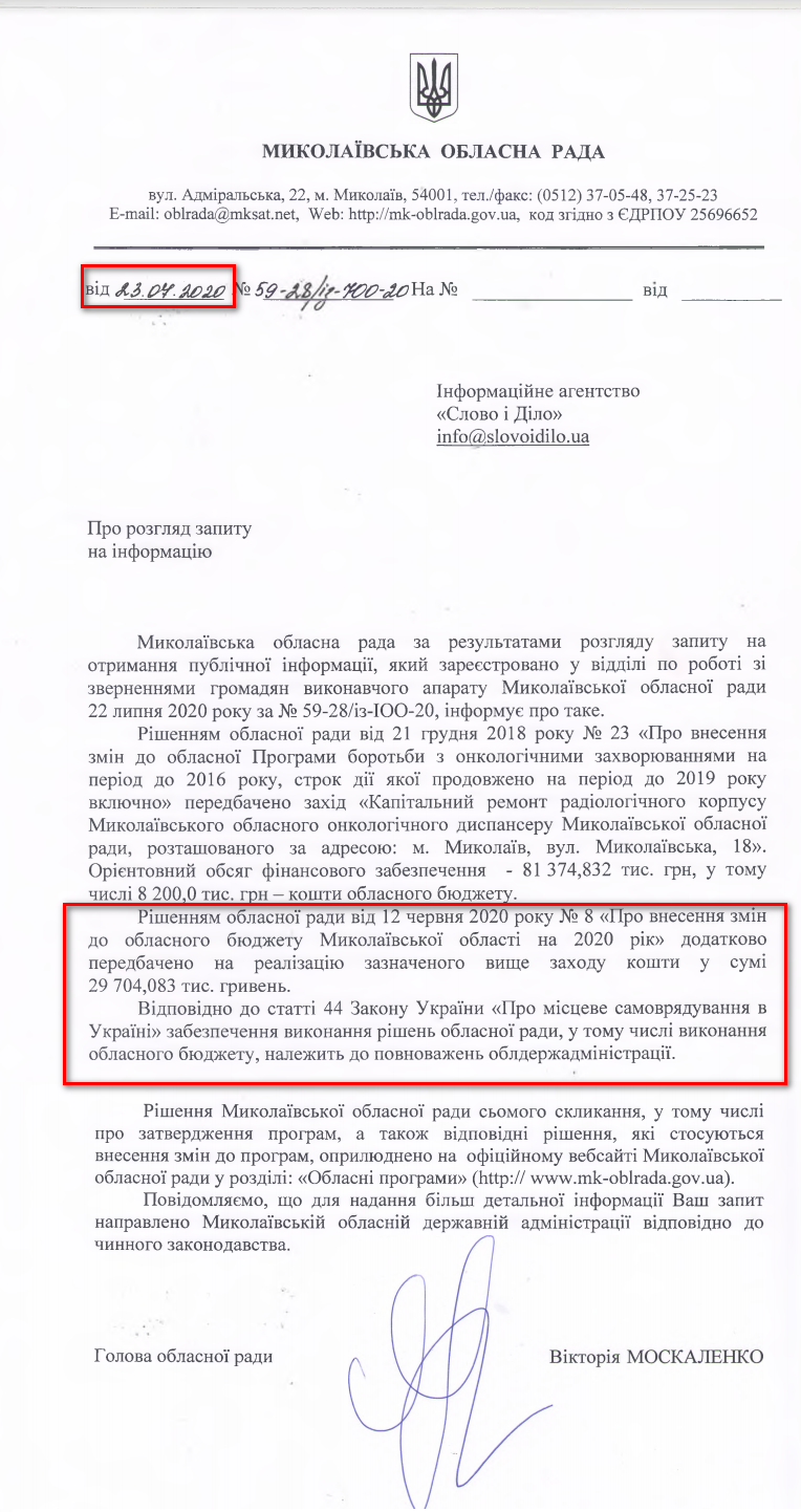 Лист Миколаївської облради від 3 липня 2020 року