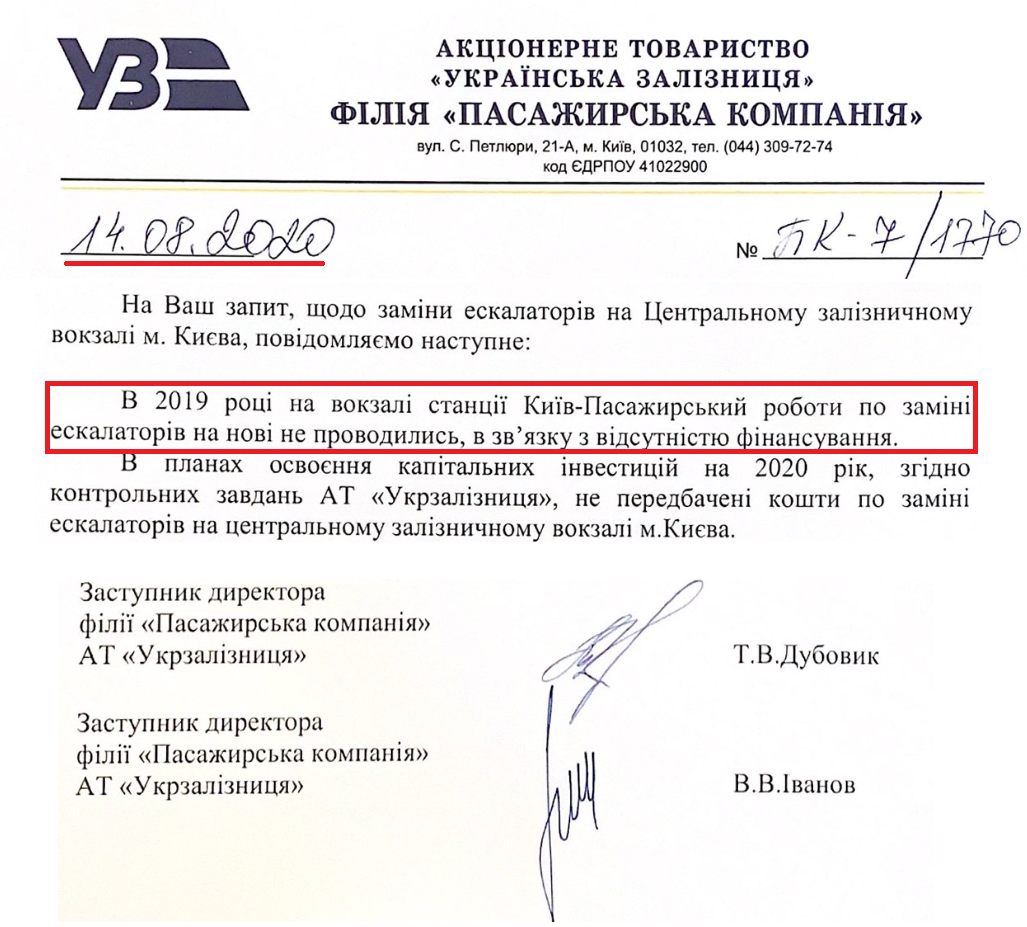 Лист Укрзалізниці від 14 серпня 2020 року 
