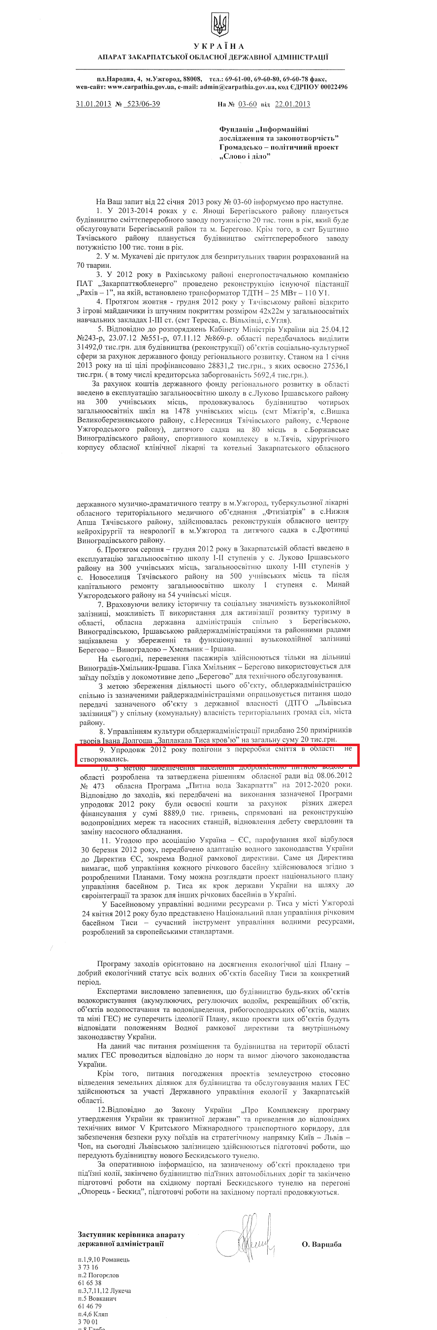 Лист заступника керівника апарату Закарпатської ОДА О.Варцаби