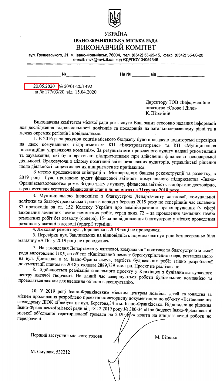 Лист Івано-Франківської міської ради від 20 травня 2020 року