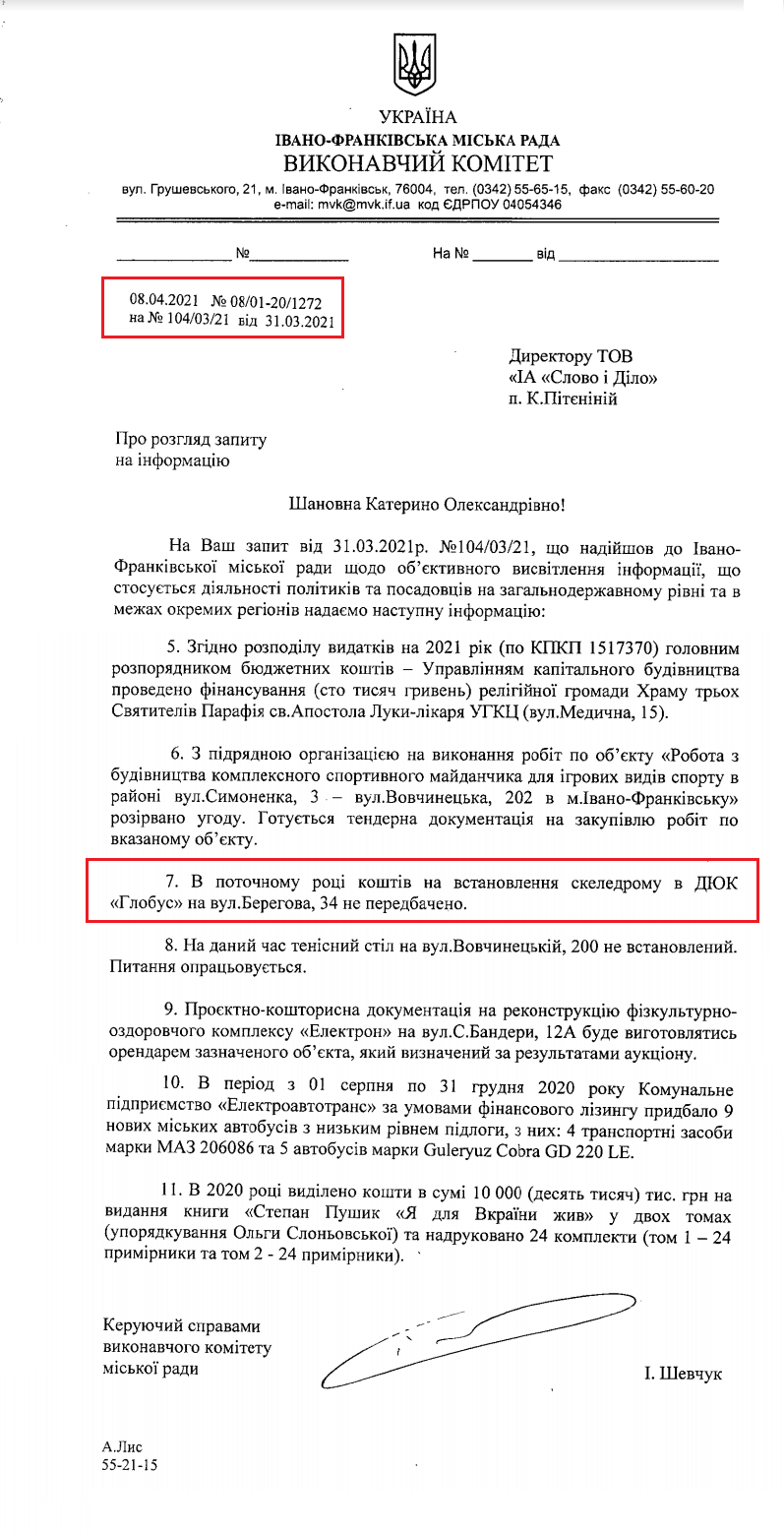 Лист Івано-Франківської міської ради від 8 квітня 2021 року