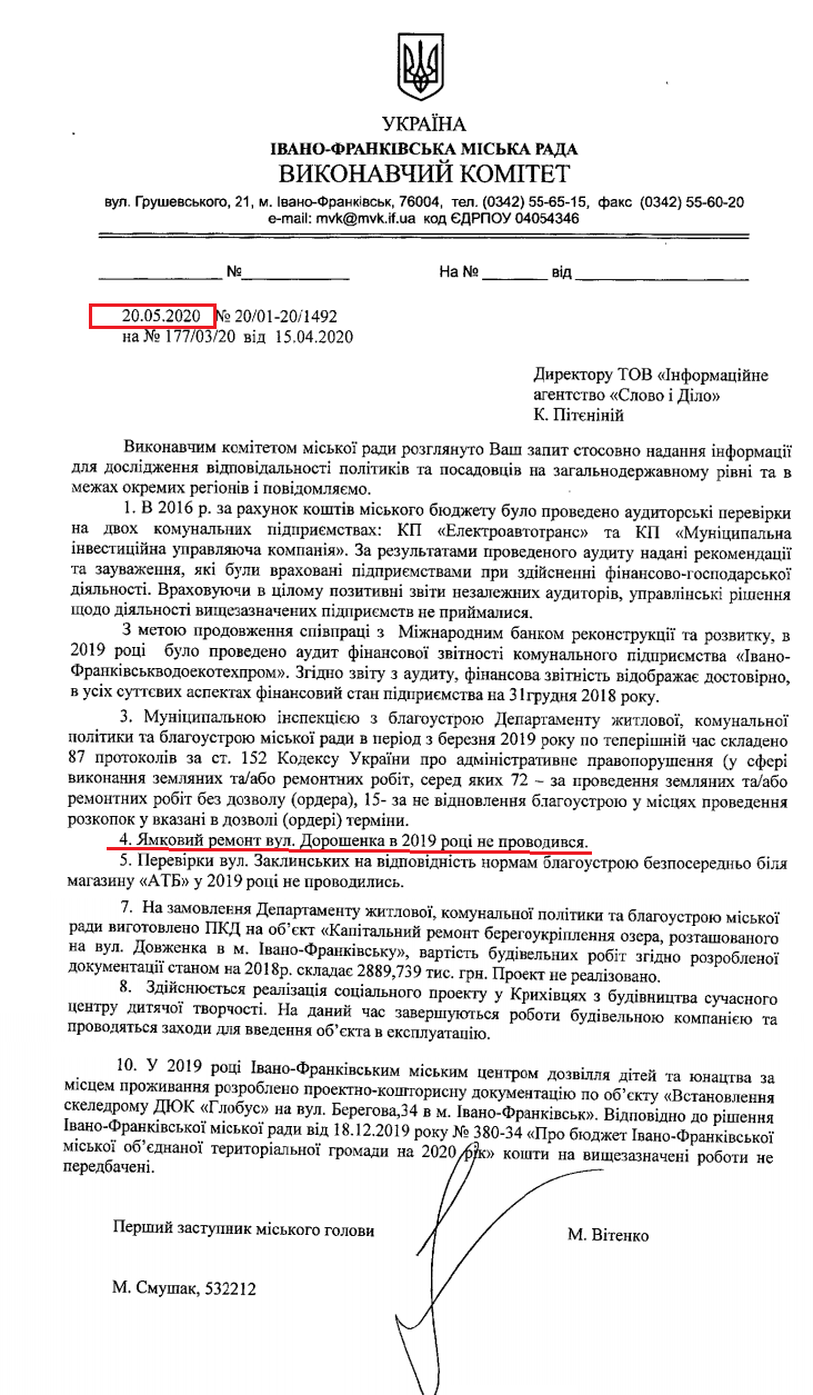 Лист Івано-Франківської міської ради від 20 травня 2020 року