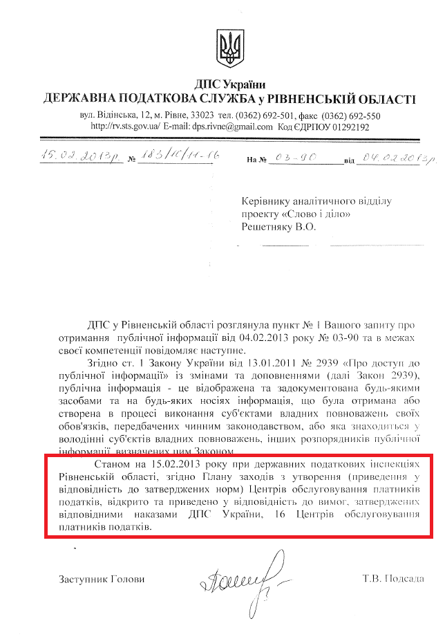 Лист заступника голови ДПС у Рівненській області Т.В,Подсади