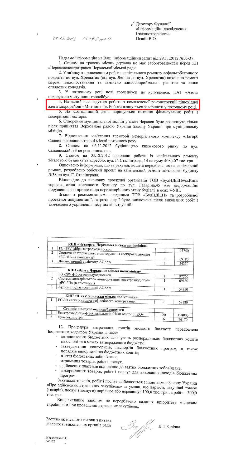 Лист заступника Черкаського міського голови з питань діяльності виконавчих органів ради Л. П. Зарічної
