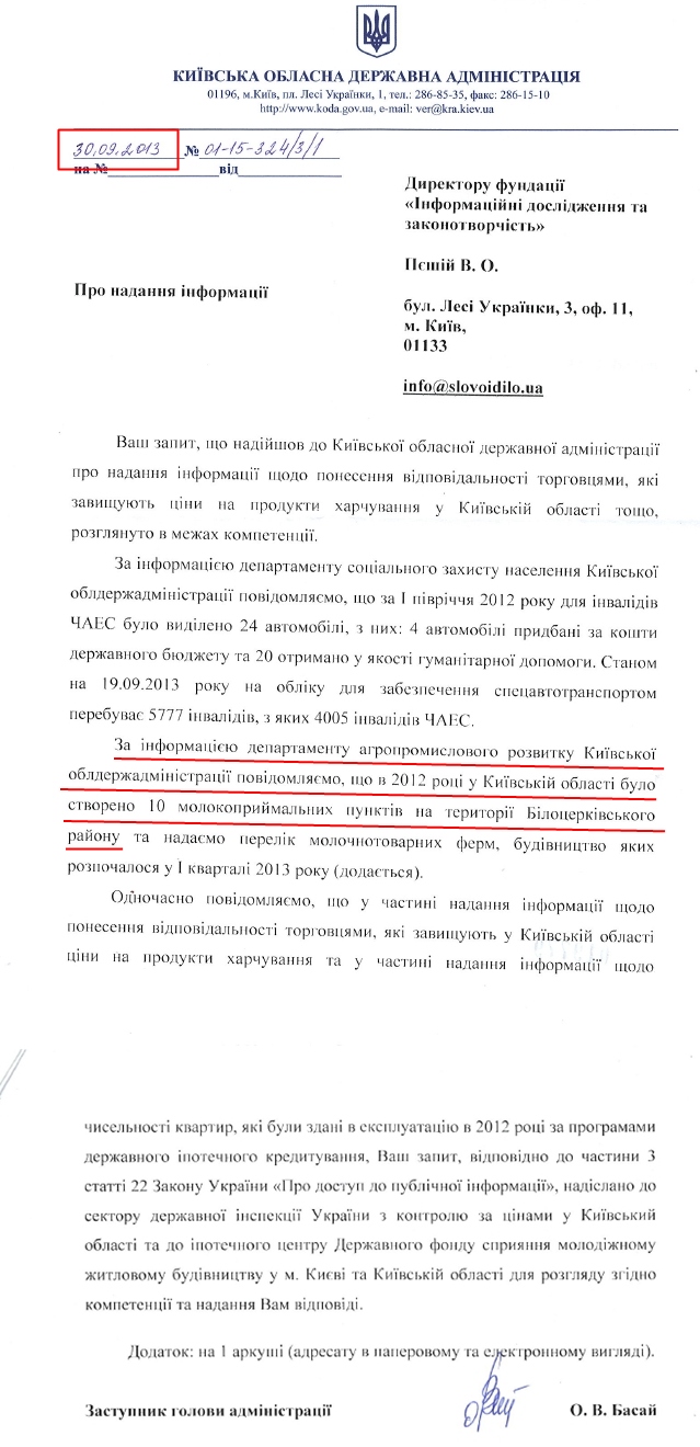 Лист Київської облдержадміністрації № 01-15-324/3/1 від 30.09.2013