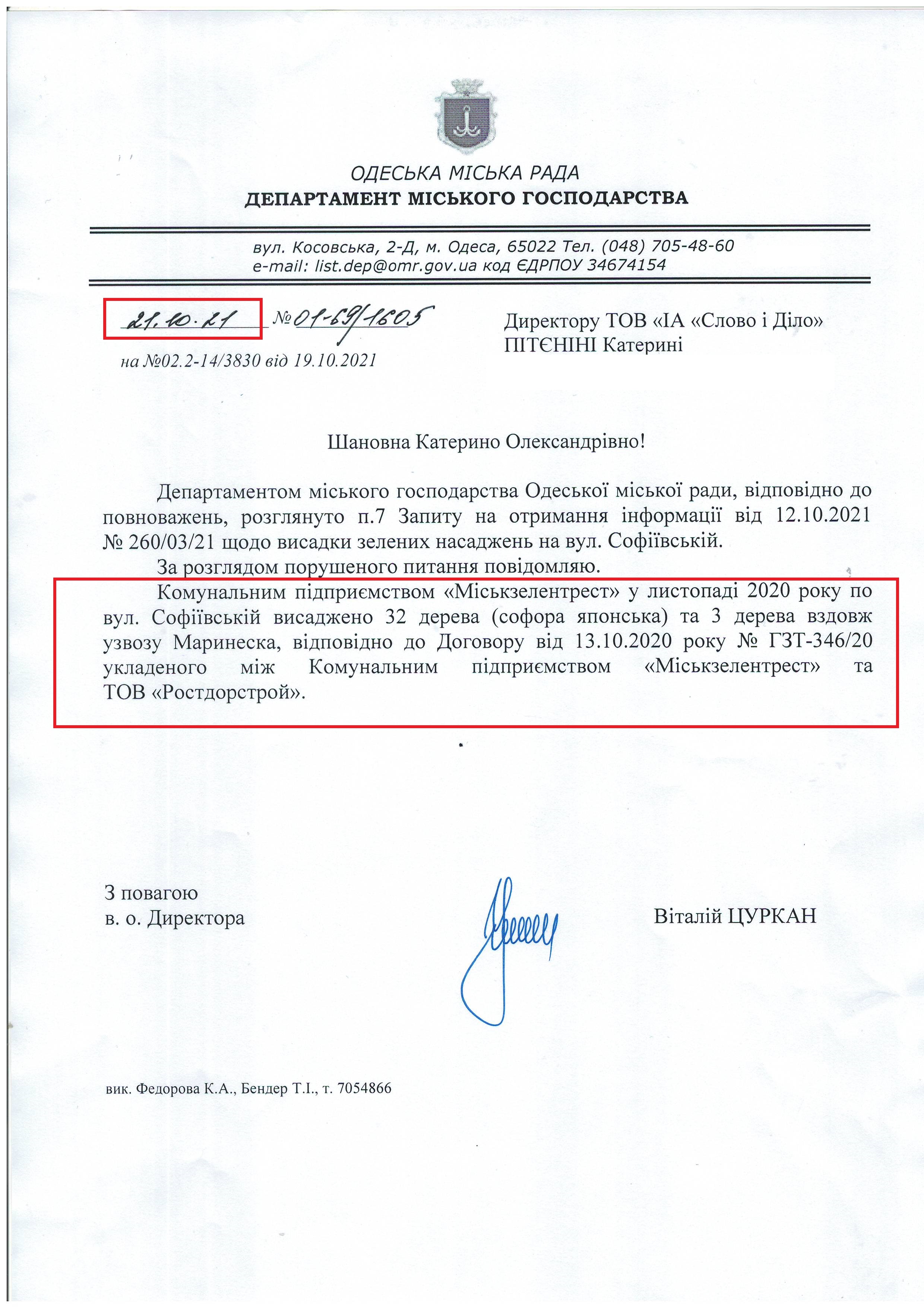 Лист Одеської міської ради від 21 жовтня 2021 року