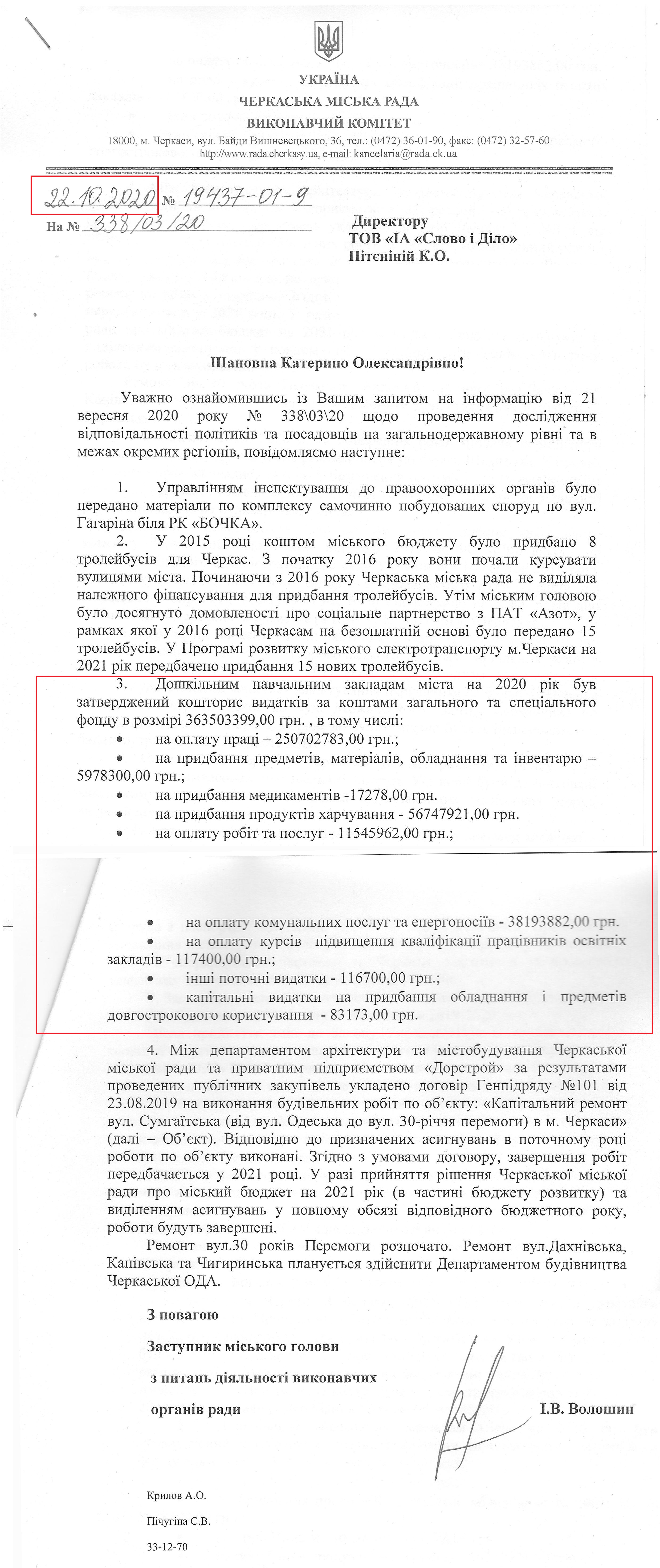 Лист Черкаської міської ради від 22 жовтня 2020 року