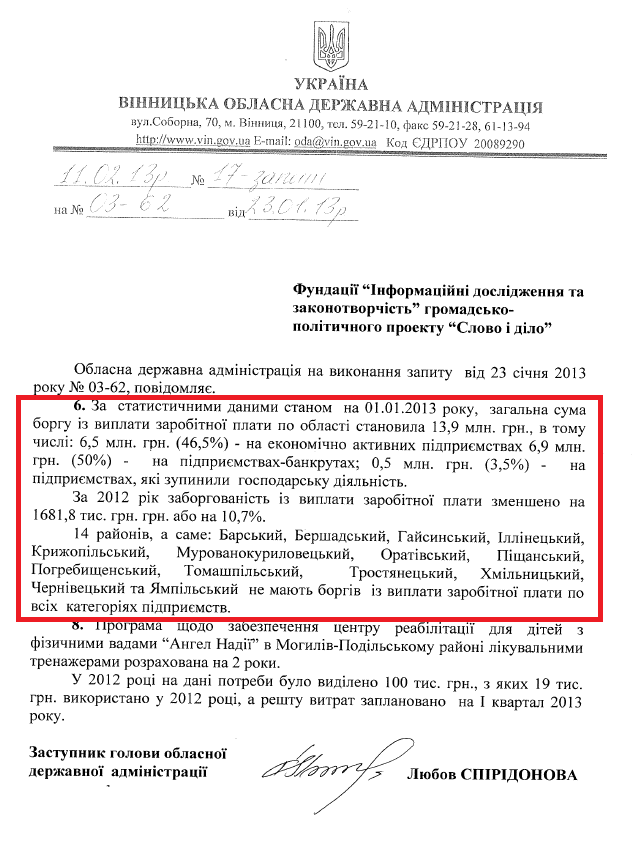 Лист заступника голови Вінницької ОДА Л.Спірідонової