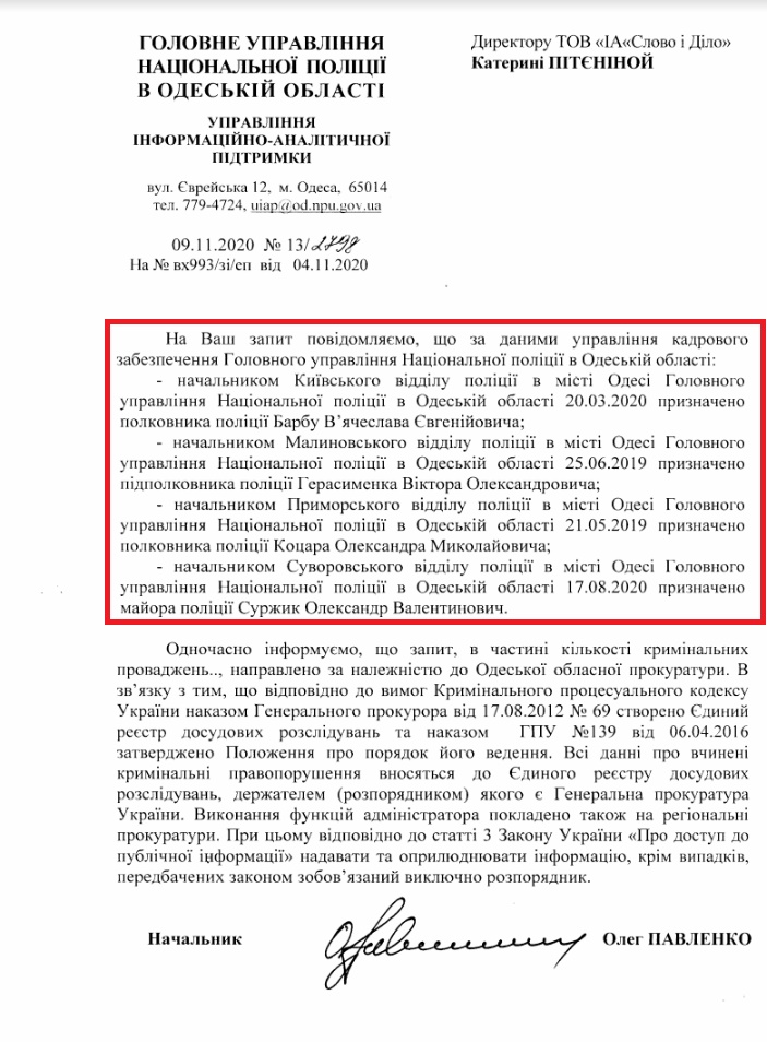 Лист ГУ Нацполіції в Одеській області від 4 листопада 2020 року