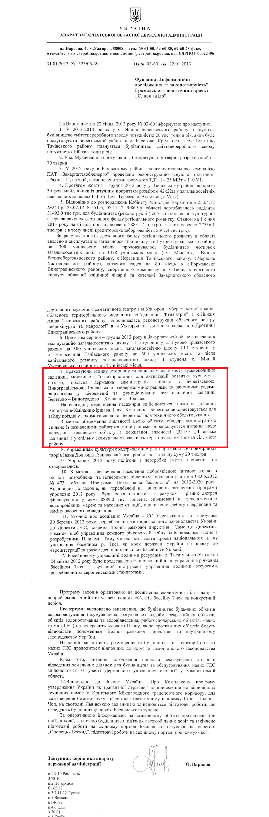 Лист заступника керівника апарату Закарпатської ОДА О.Варцаби