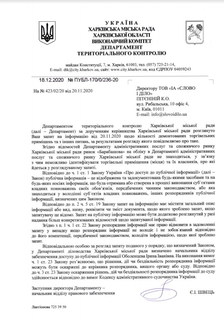 Лист Харківської міськради від 18 грудня 2020 року