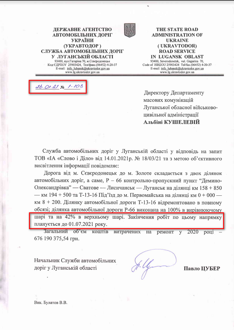 Лист Луганської ОДА від 16 січня 2021 року