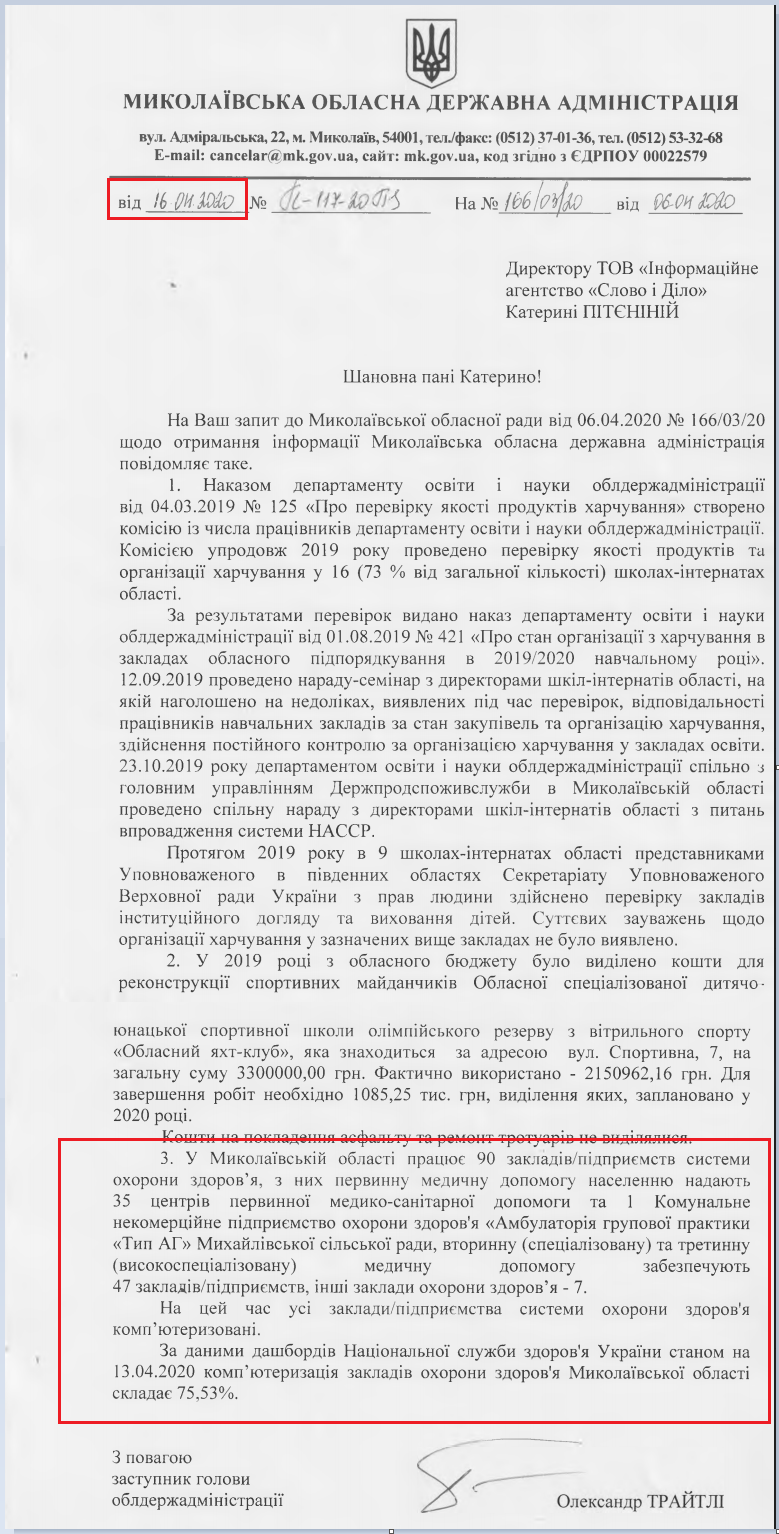 Лист Миколаївської ОДА від 16 квітня 2020 року