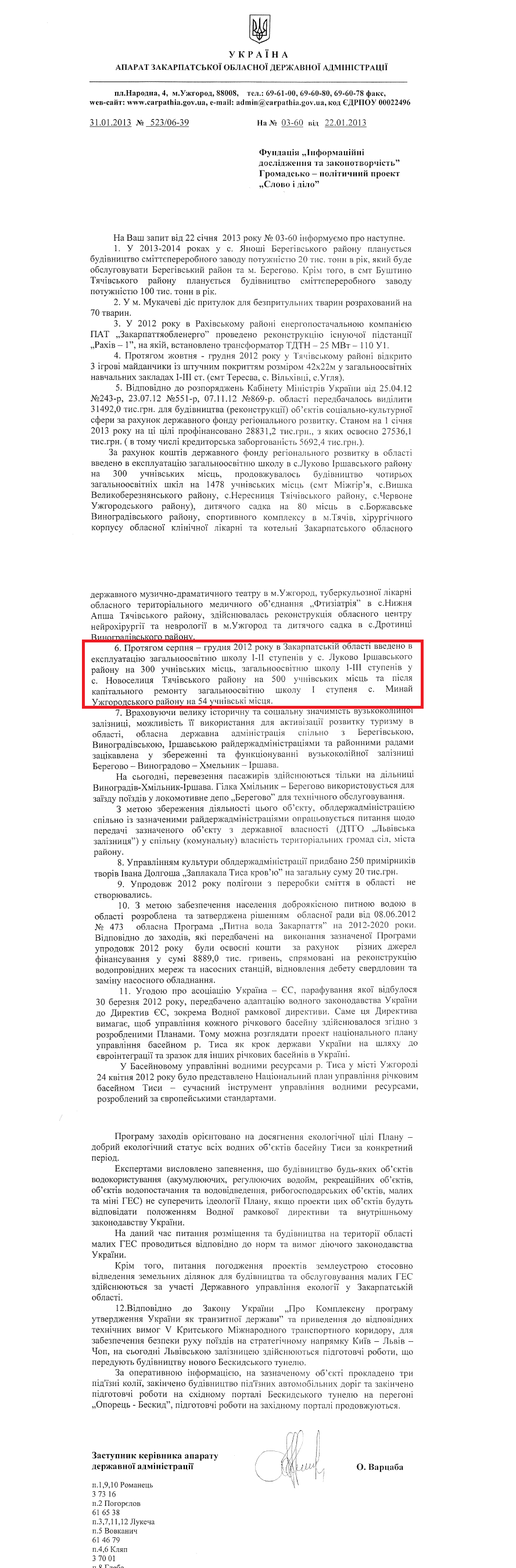 Лист заступника керівника апарату Закарпатської ОДА О.Варцаби