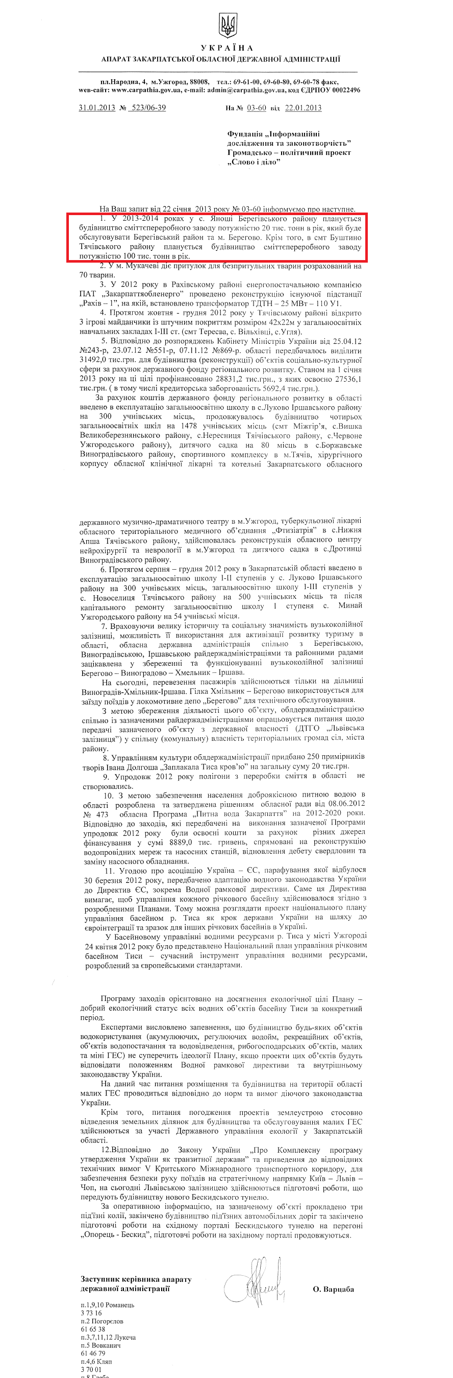 Лист заступника керівника апарату Закарпатської ОДА О.Варцаби