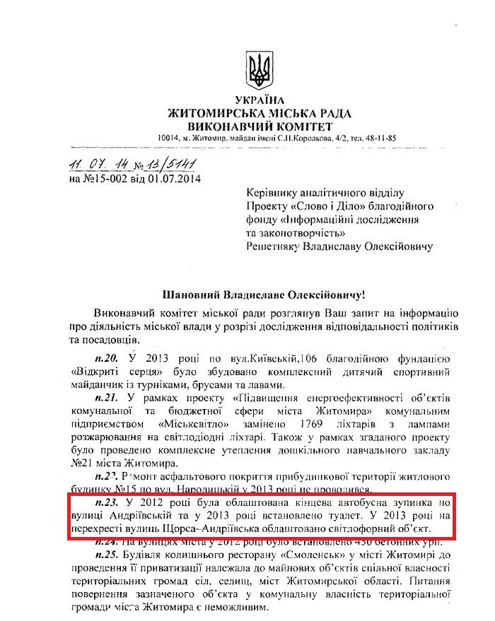 Лист Секретаря міської ради Л.В. Цимбалюк