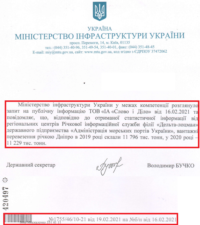 Лист Міністерства інфраструктури України від 16 жовтня 2021 року