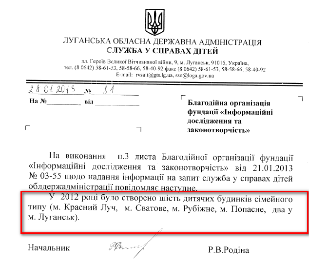 Лист начальника Служби у справах дітей Луганської ОДА Р.В.Родіної