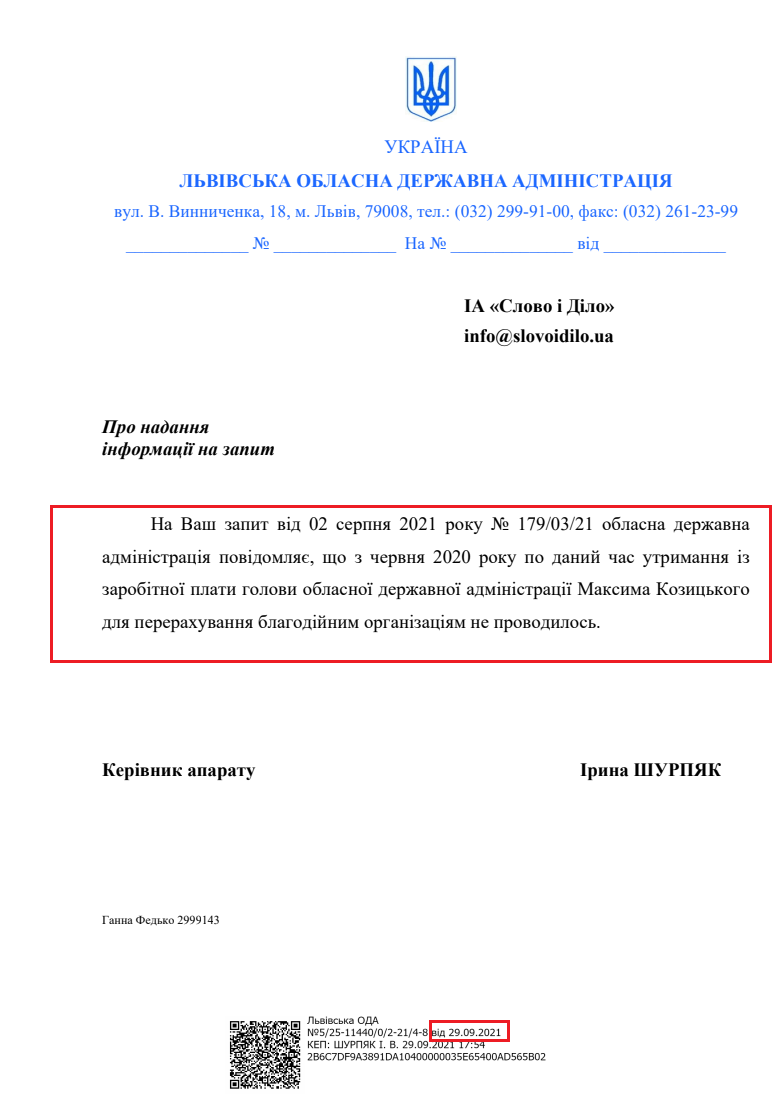 Лист Львівської обласної державної адміністраці від 29 вересня 2021 року
