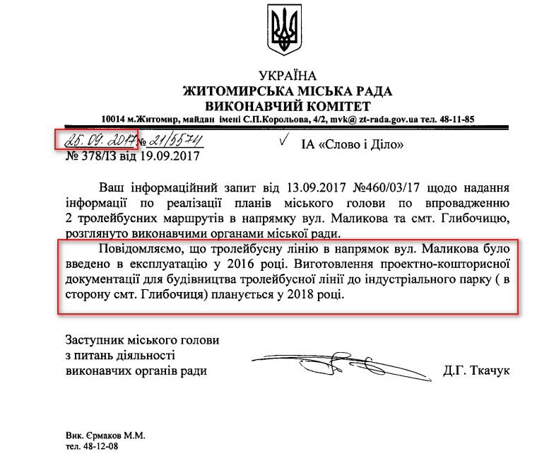 Лист Житомирської міської ради від 25 вересня 2017 року