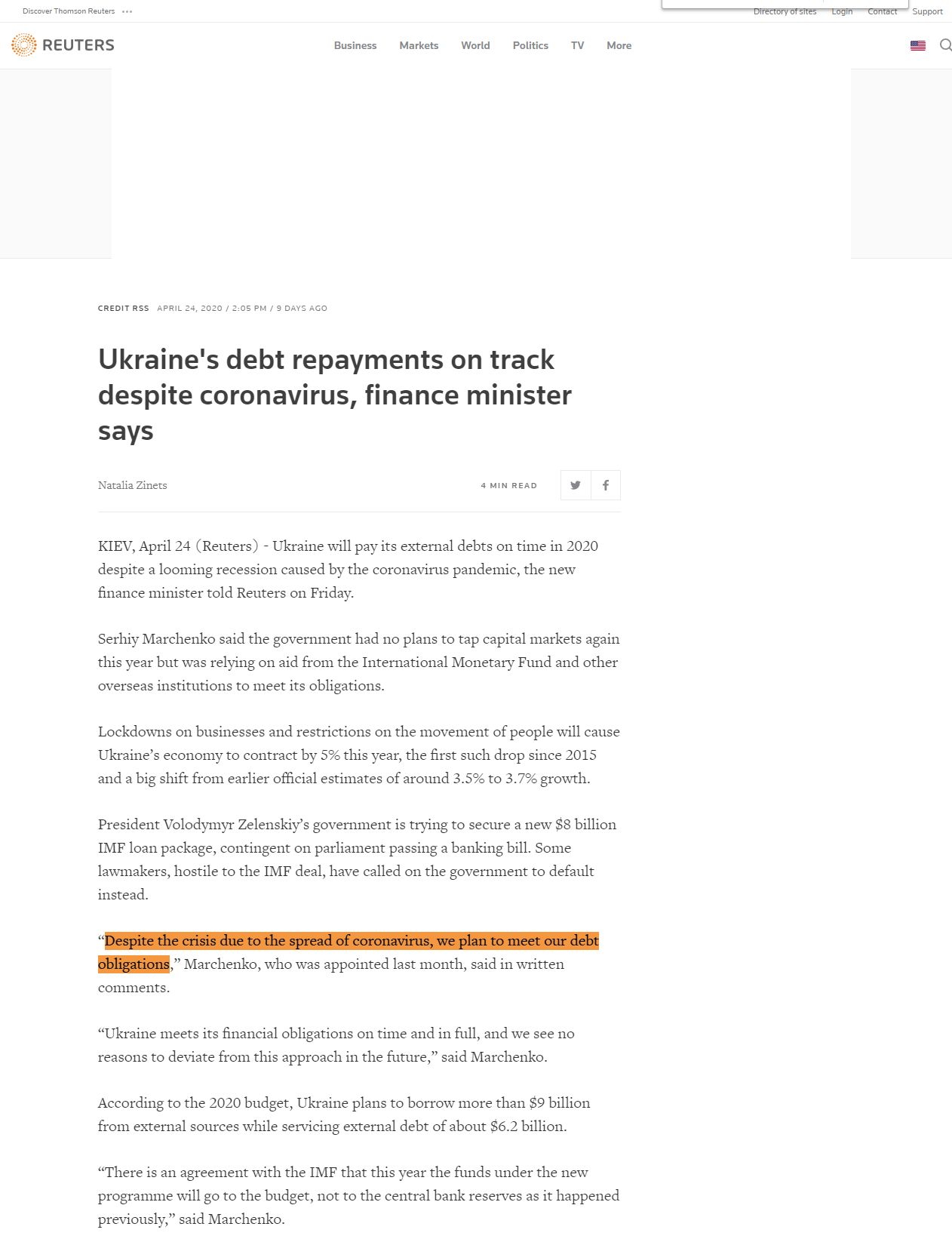 https://www.reuters.com/article/ukraine-economy-finmin/ukraines-debt-repayments-on-track-despite-coronavirus-finance-minister-says-idUSL5N2CC1JV