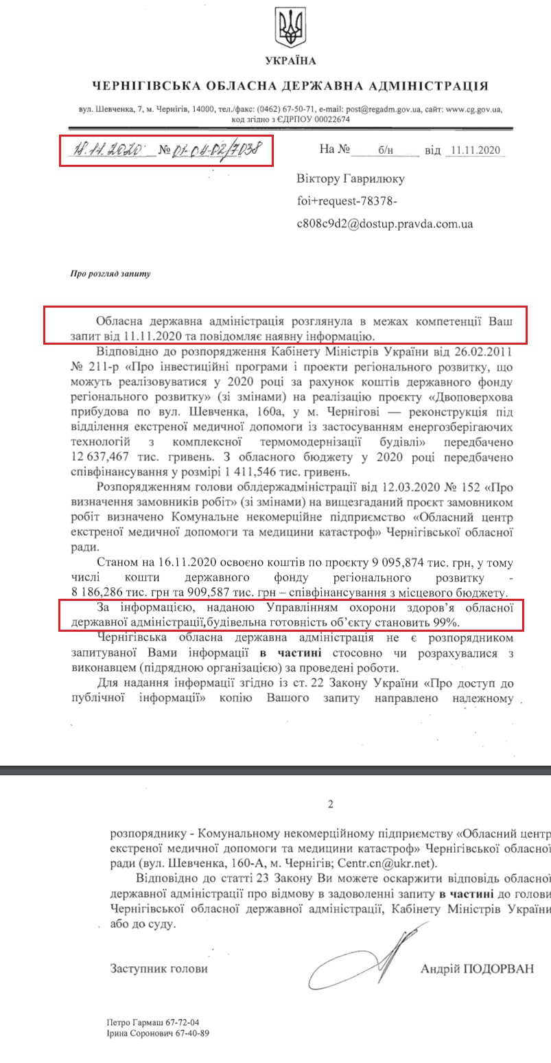 Лист Чернігівської ОДА від 18 листопада 2020 року