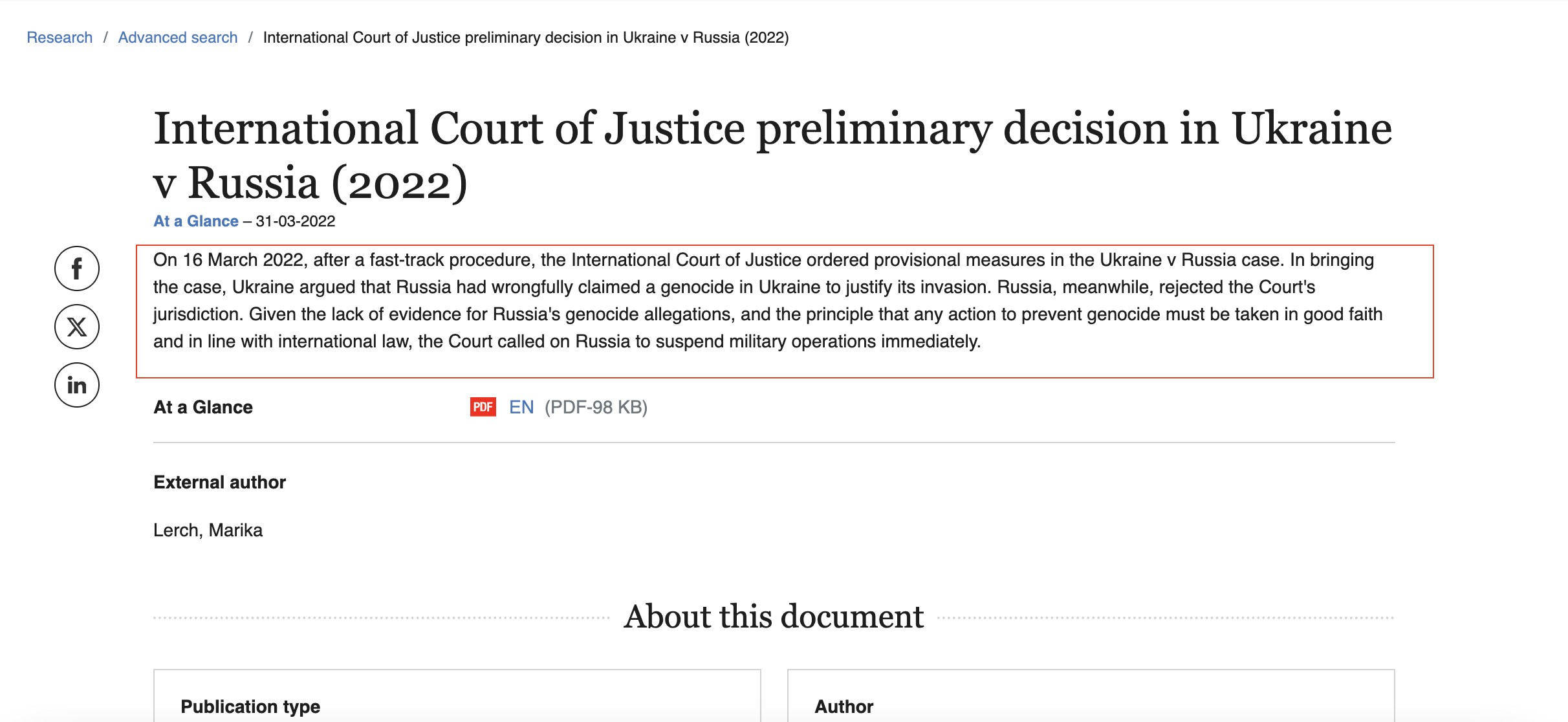https://www.europarl.europa.eu/thinktank/en/document/EPRS_ATA%282022%29729350#:~:text=International%20Court%20of%20Justice%20preliminary%20decision%20in%20Ukraine%20v%20Russia%20%282022%29,-At%20a%20Glance&text=On%2016%20March%202022%2C%20after,to%20suspend%20military%20operations%20immediately