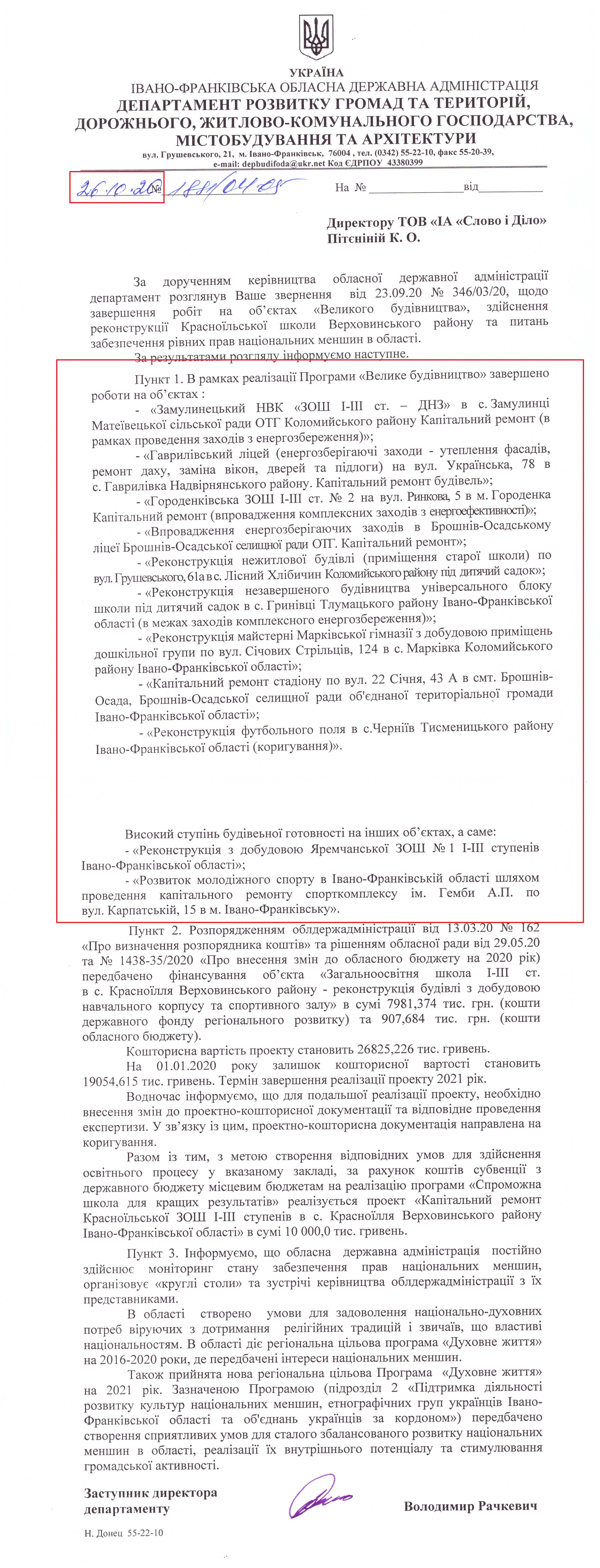 Лист Івано-Франківської обласної державної адміністрації від 26 жовтня 2020 року