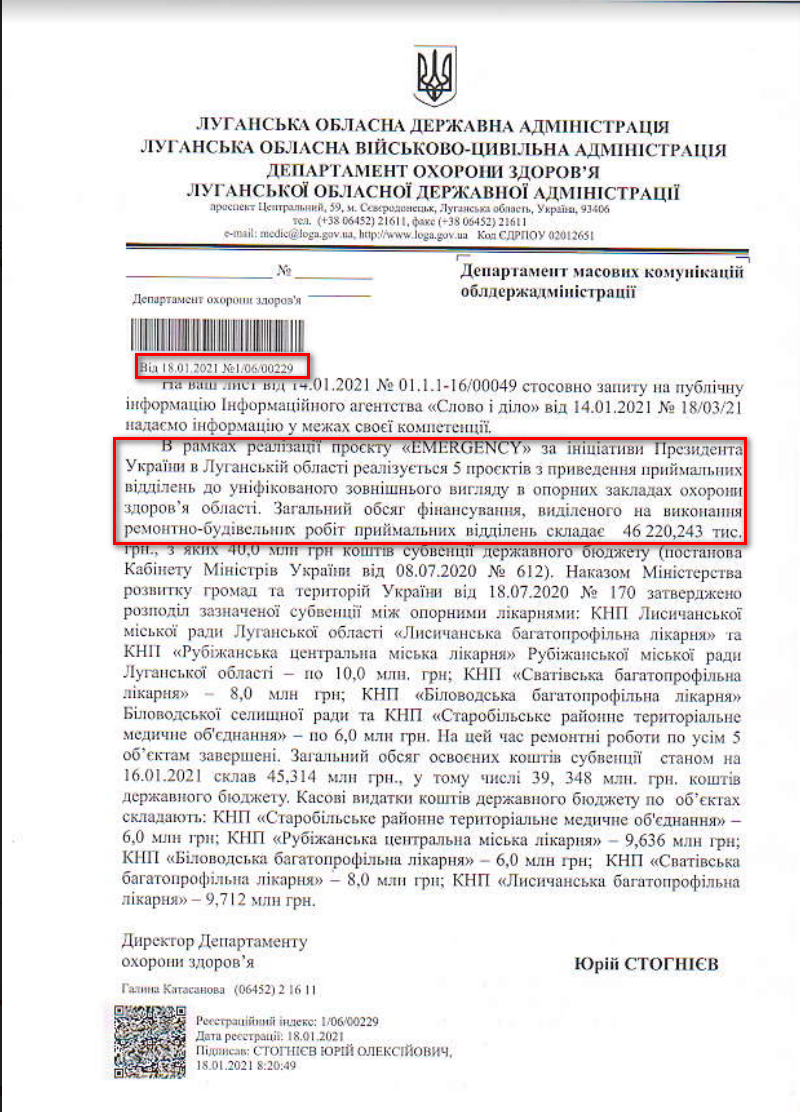 Лист Луганської ОДА від 18 січня 2021 року