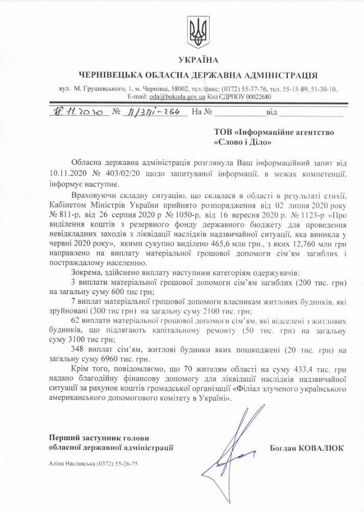 Лист Чернівецької ОДА від 18 листопада 2020 року